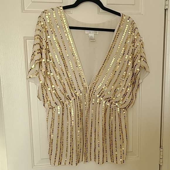 Soft Surroundings Tops - Soft Surroundings Creme Silk Gold Sequin Striped Blouse Size Large EUC Tie Front